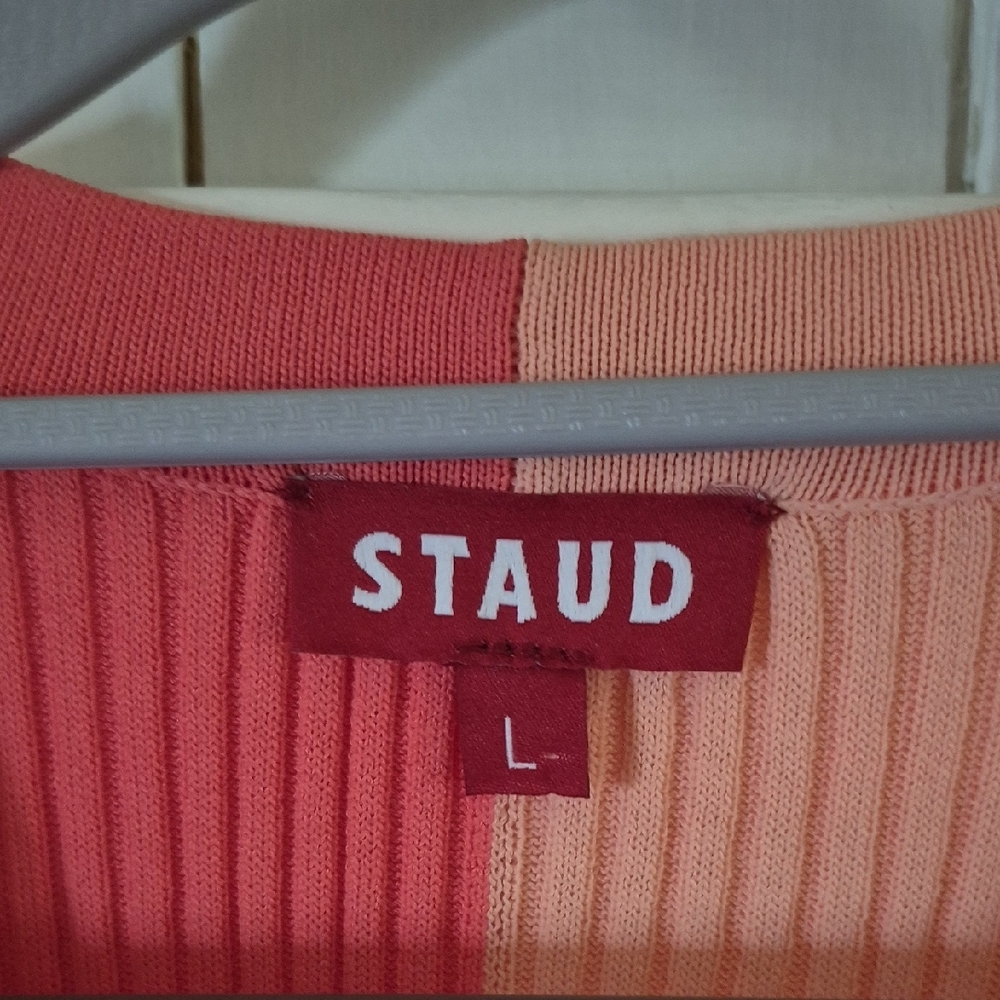 STAUD Shoko LG Ribbed Cardigan Maxi Dress in Pink and Peach - Picture 2 of 8